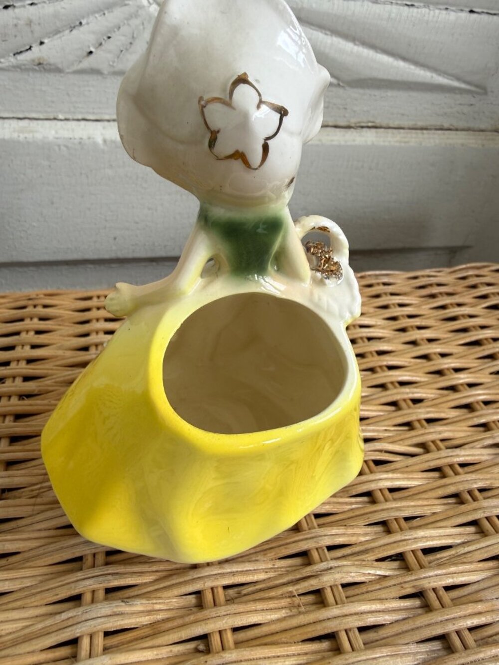 Vintage 50s Enesco Anthropomorphic Yellow Flower Girl Planter Rhinestones - Picture 9 of 9